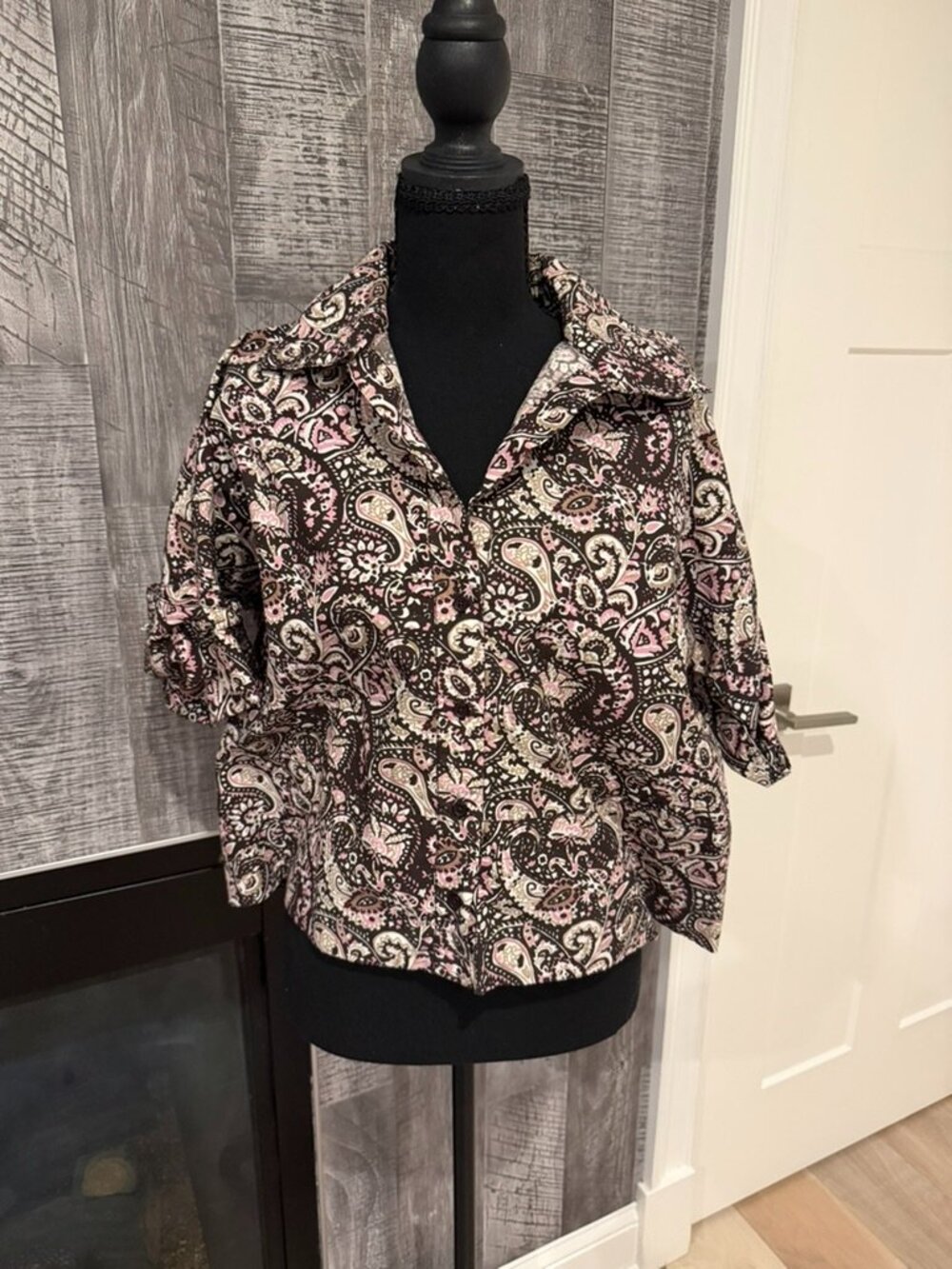 Julia Amory Antibes Black & Pink Paisley Cotton Poplin Button Down Sz S